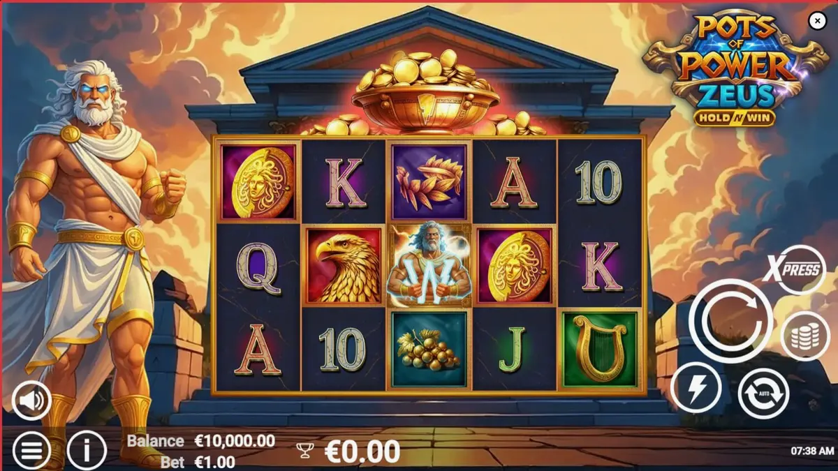 Pots of Power: Zeus slot game interface na may temang Griyego