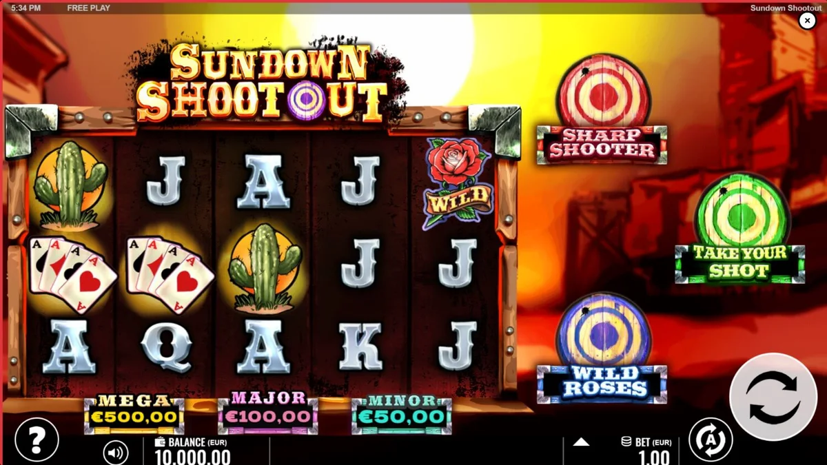 Sundown Shootout slot theme featuring desert frontier and revolver symbols
