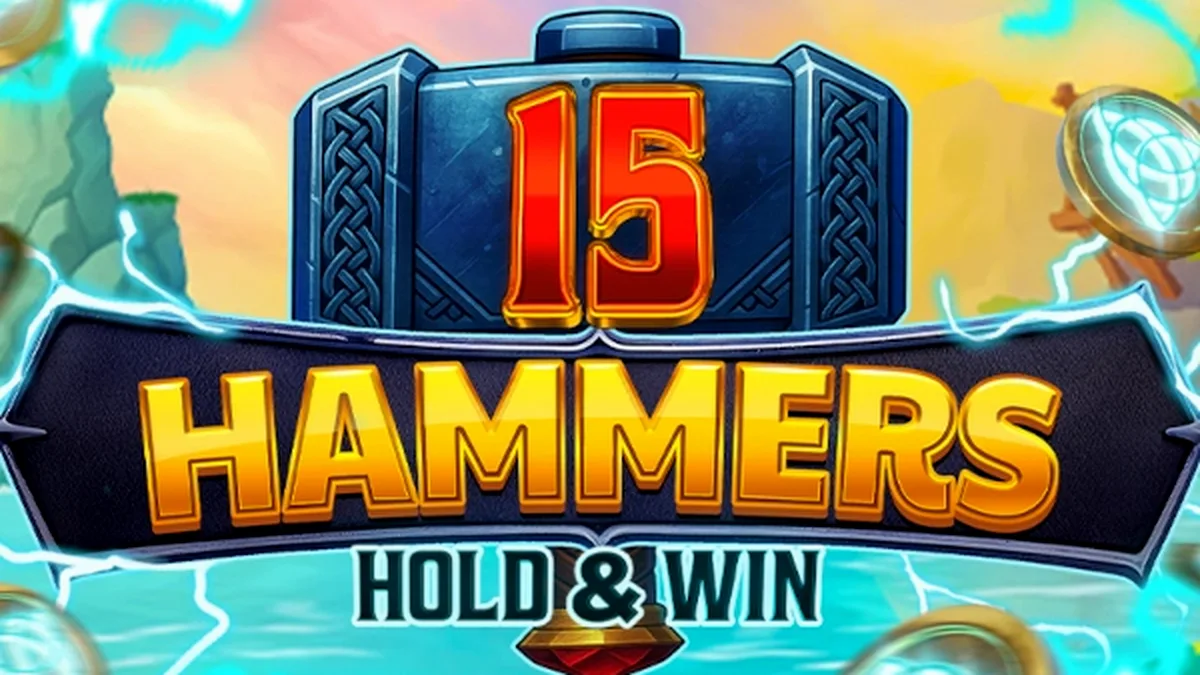 Ang 15 Hammers: Hold & Win slot game interface na nagpapakita ng 5 reels at makulay na disenyo.