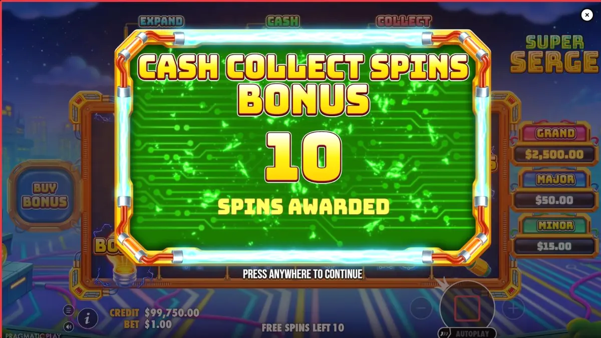Isang neon-lit na grid ng slot machine na may temang electrician at futuristic tools.